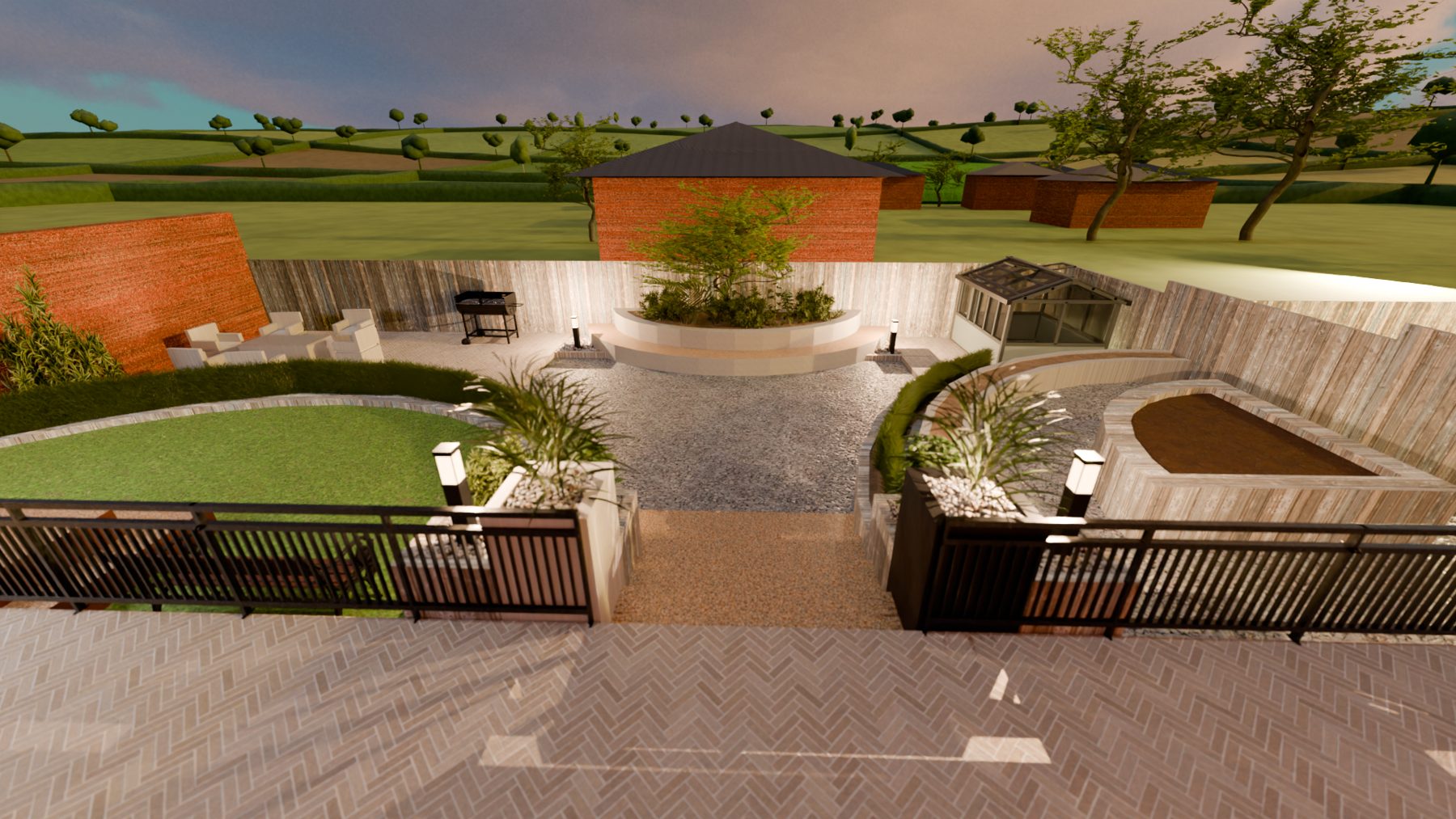 3D view of the garden from the house balcony