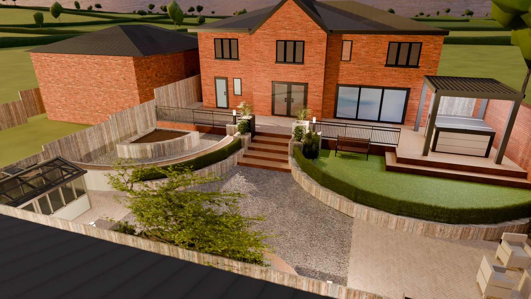3D view of a multi-level private garden with terrace, planting and lawn