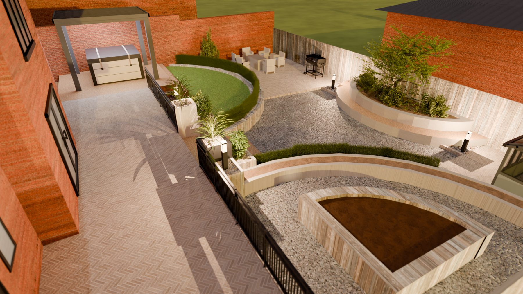 Second 3D view across the garden levels, retaining walls and planters