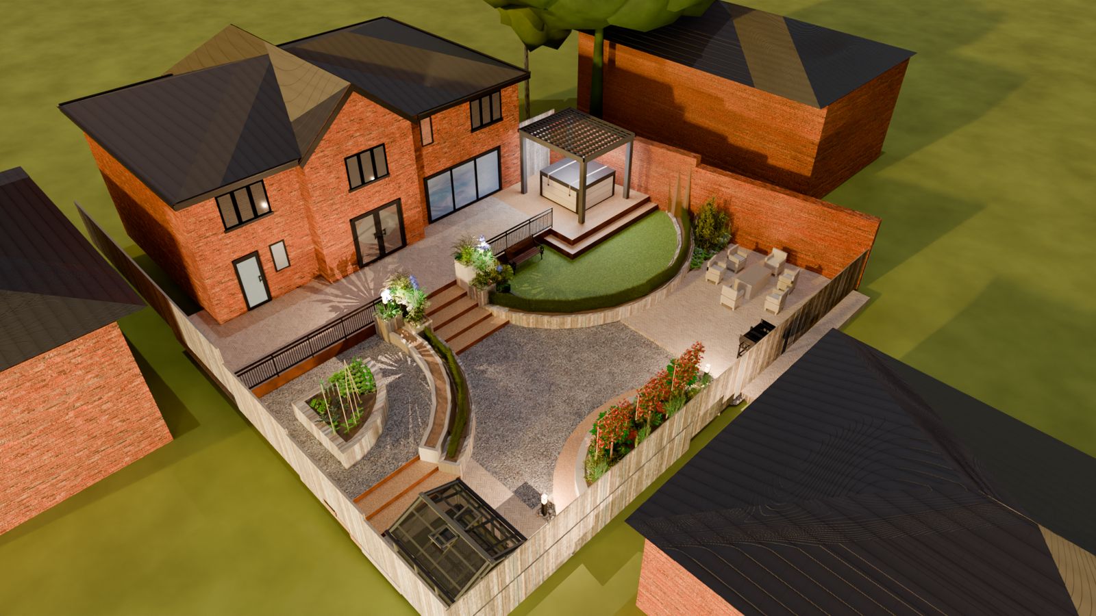 Overview of a planted rear garden in daylight