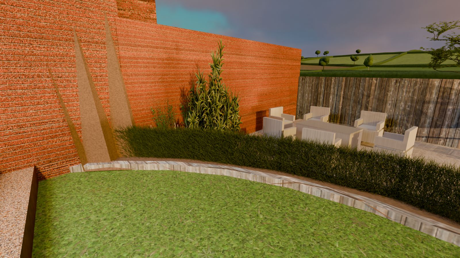 Grasses and hedging for privacy around a seating area