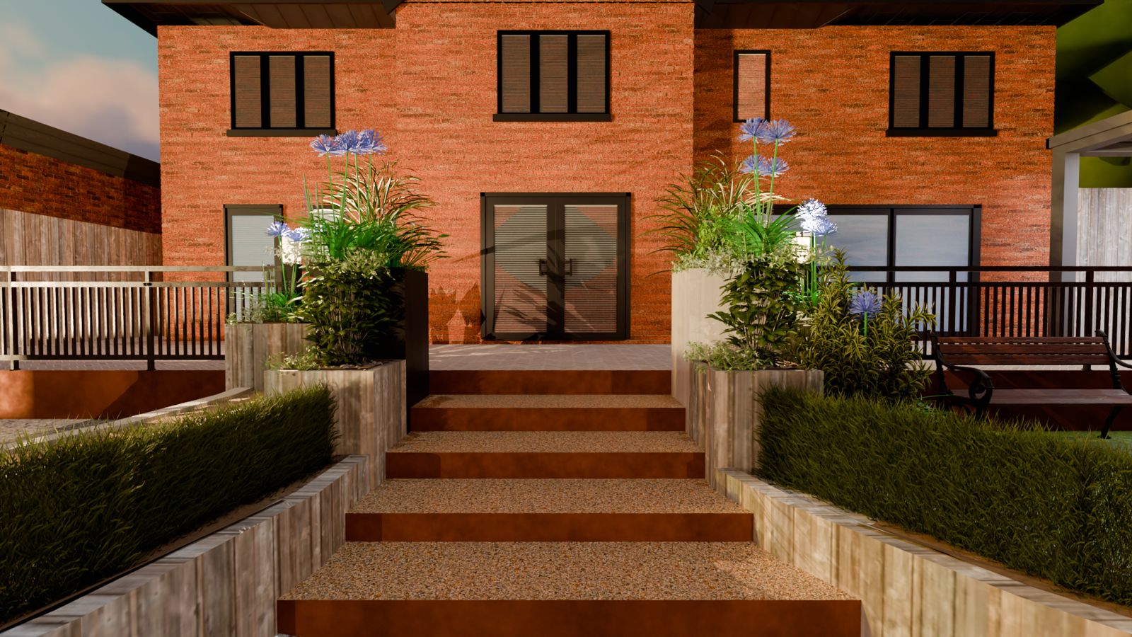 Planters either side of garden steps